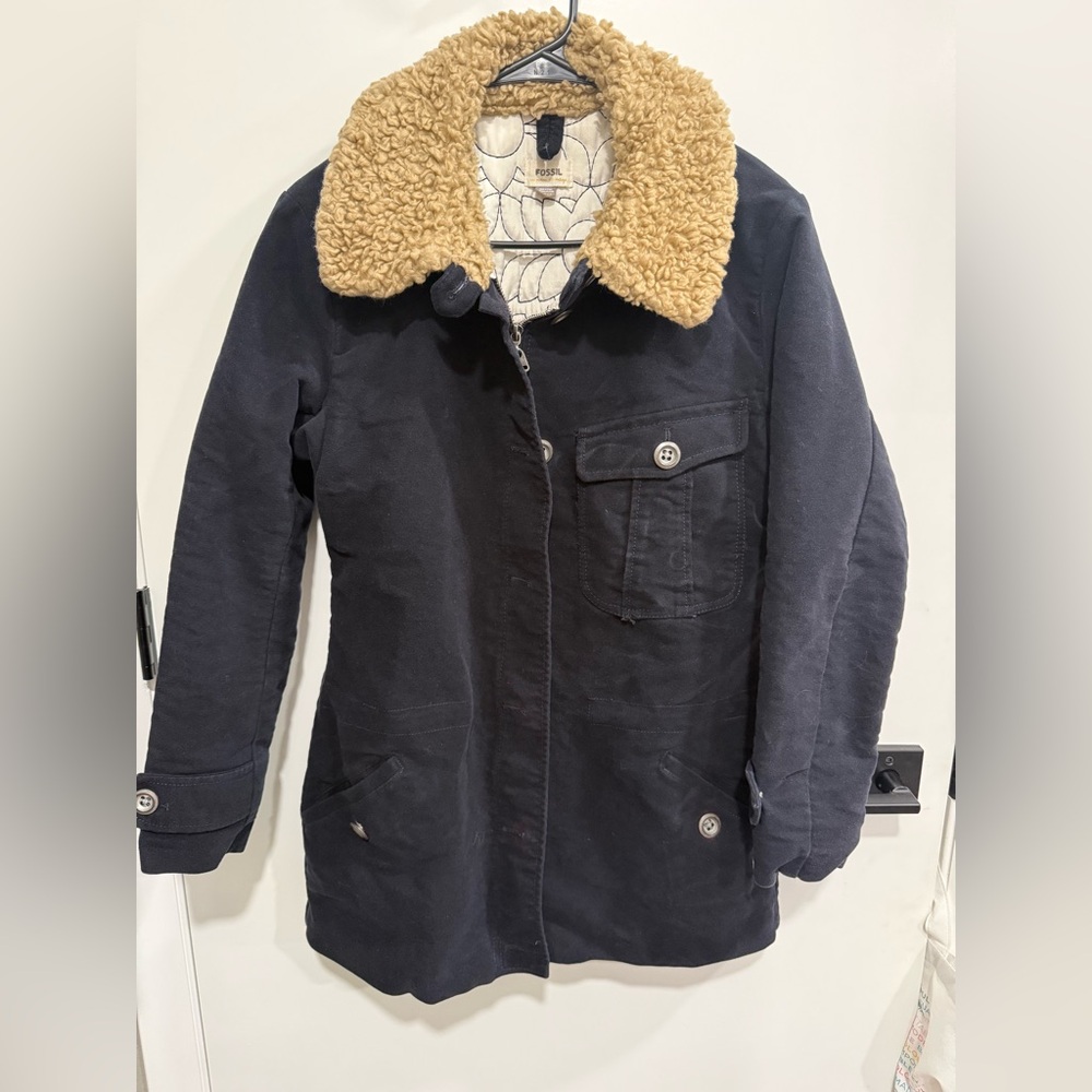 Fossil Womens Navy Sherpa Collar Lined Jacket Pockets Size S Vintage Y2K